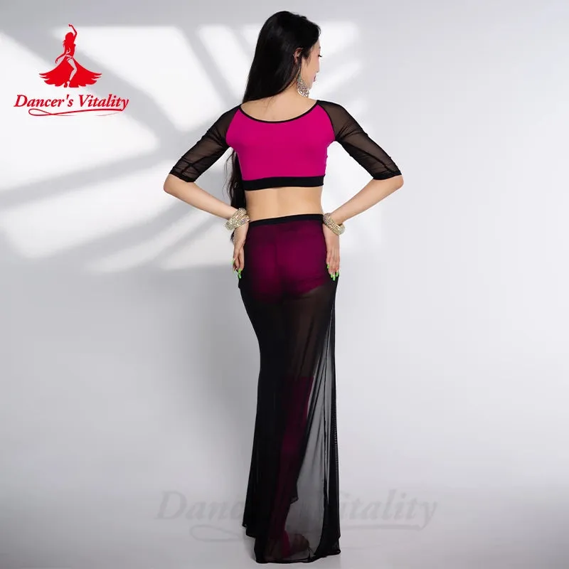 Belly Dance Costume Set for Women Mesh Long Sleeves Top AB Stones Split Skirt 2pcs Adult Belly Dancing Wer Clothing Outfit