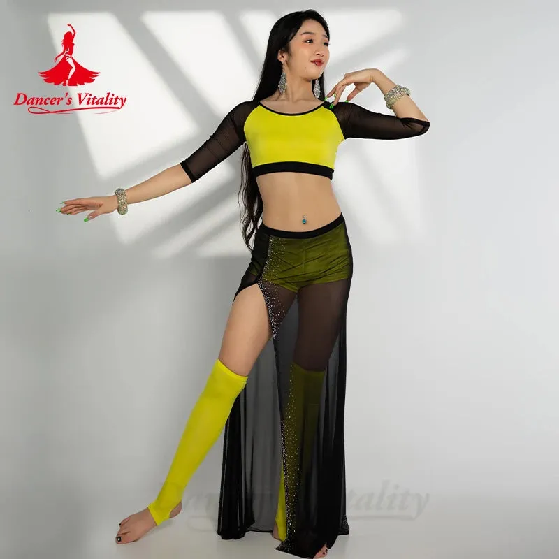 Belly Dance Costume Set for Women Mesh Long Sleeves Top AB Stones Split Skirt 2pcs Adult Belly Dancing Wer Clothing Outfit