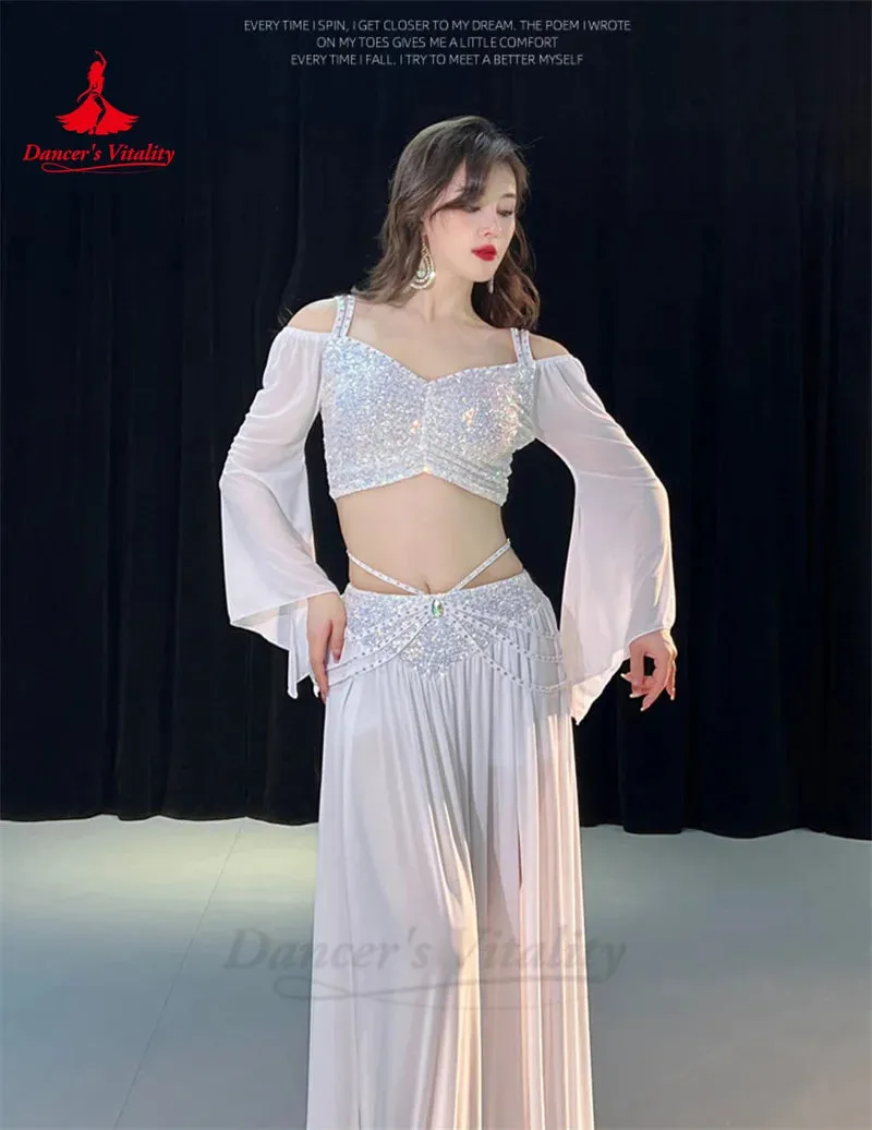 Belly Dance Costume Set for Women Mesh Long Sleeves Top gauze Long Skirt 2pcs Training Set Oriental Belly Dancing Wear Outfit