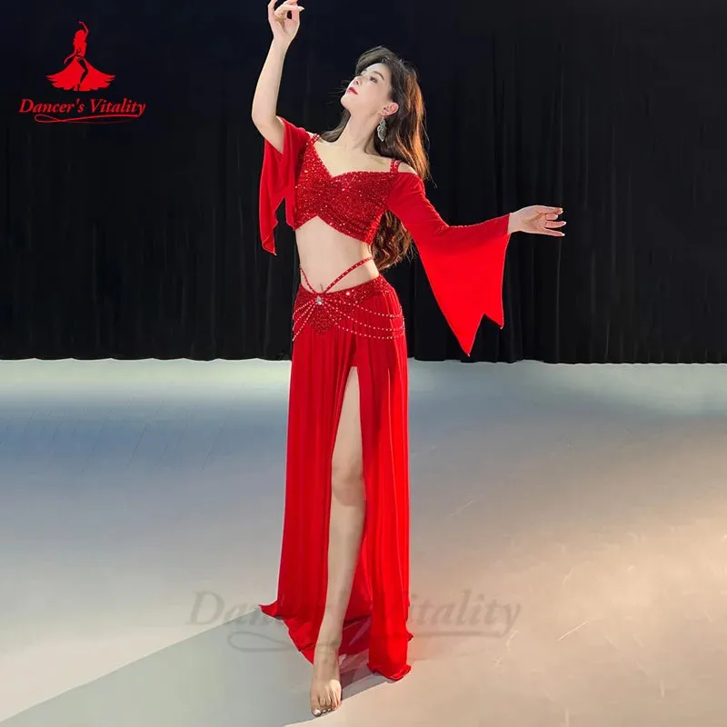 Belly Dance Costume Set for Women Mesh Long Sleeves Top gauze Long Skirt 2pcs Training Set Oriental Belly Dancing Wear Outfit