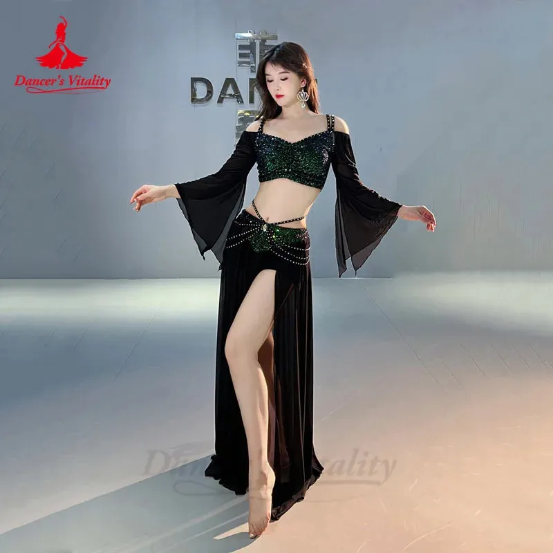 Belly Dance Costume Set for Women Mesh Long Sleeves Top gauze Long Skirt 2pcs Training Set Oriental Belly Dancing Wear Outfit