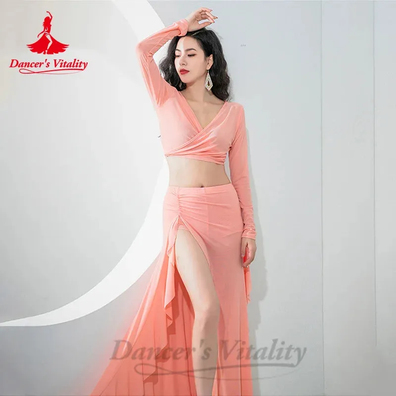 Belly Dance Costume Set for Women Mesh Long Sleeves Top skirt 2pcs Practice Suit Oriental Group Clothing Belly Dancing Outfit