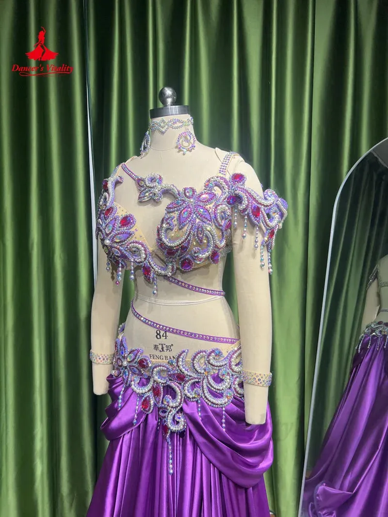 Belly Dance Costume Set for Women Senior AB Stones Bra satin Long Skirt 2pcs Custom Oriental Belly Dancing Performance Outfit