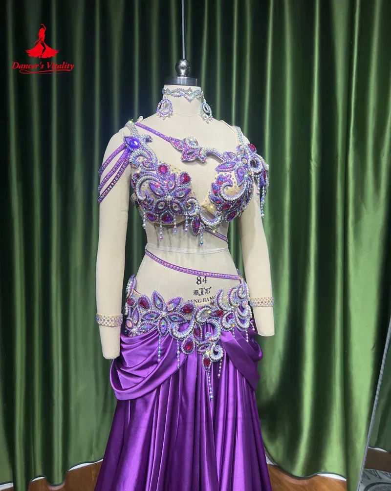 Belly Dance Costume Set for Women Senior AB Stones Bra satin Long Skirt 2pcs Custom Oriental Belly Dancing Performance Outfit