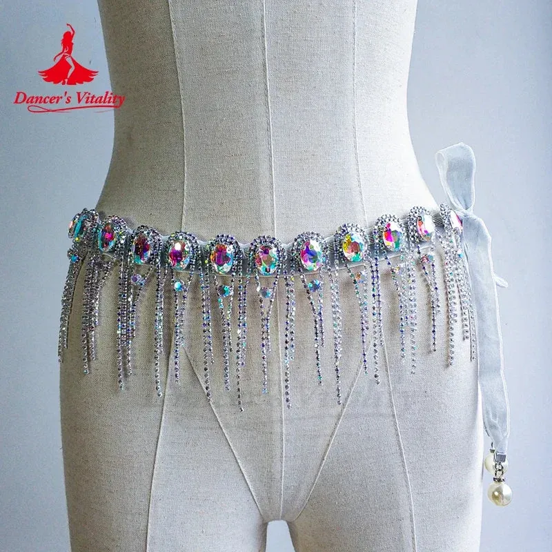 Belly Dance Costume Set for Women Senior AB StonesTassel Belt Girl's Practice Performance Accessories Oriental Hip Scarf