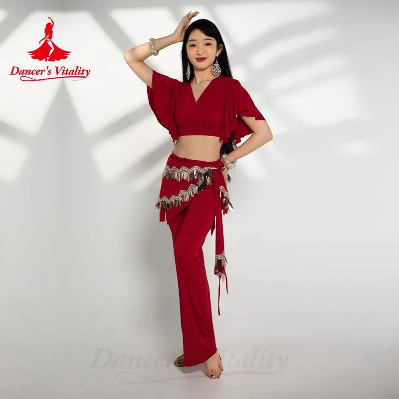 Belly Dance Costume Set for Women Short Sleeves Top cotton Split Trouses 2pcs Oriental Belly Dancing Professional Outfit