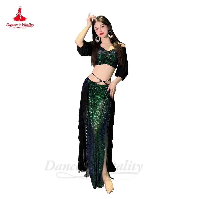 Belly Dance Costume Set for Women Short Sleeves Top split Long Skirt 2pcs Oriental Professional Set Belly Dancing Wear Outfit