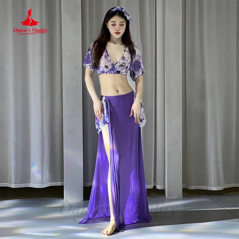 Belly Dance Costume Set Women Gauze Printing Short Sleeves Top long Skirt 2pcs Training Suit Clothes Girl's Bellydance Outfit