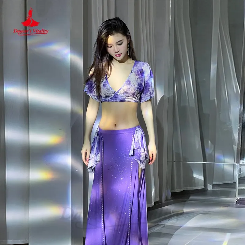 Belly Dance Costume Set Women Gauze Printing Short Sleeves Top long Skirt 2pcs Training Suit Clothes Girl's Bellydance Outfit