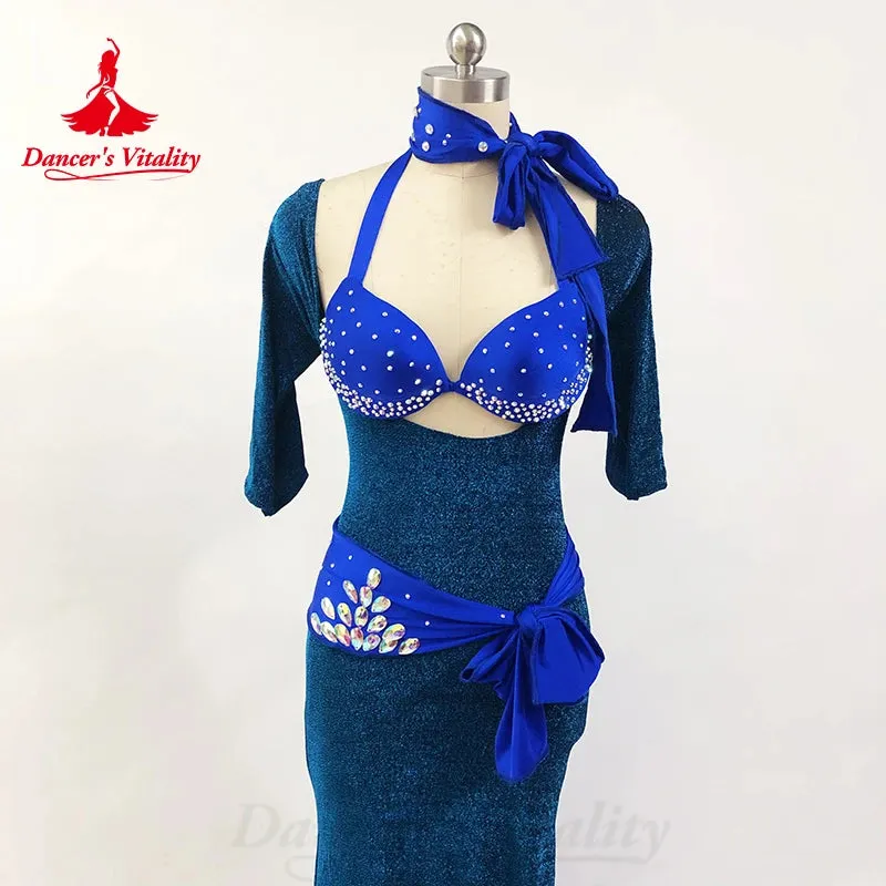 Belly Dance Costume Suit Customized AB Stones Bra Wrapped Buttocks Fish Tail Long Skirt 2ps Oriental Dance Performance Costumes