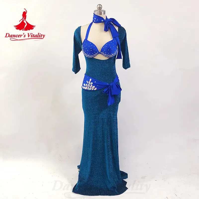 Belly Dance Costume Suit Customized AB Stones Bra Wrapped Buttocks Fish Tail Long Skirt 2ps Oriental Dance Performance Costumes