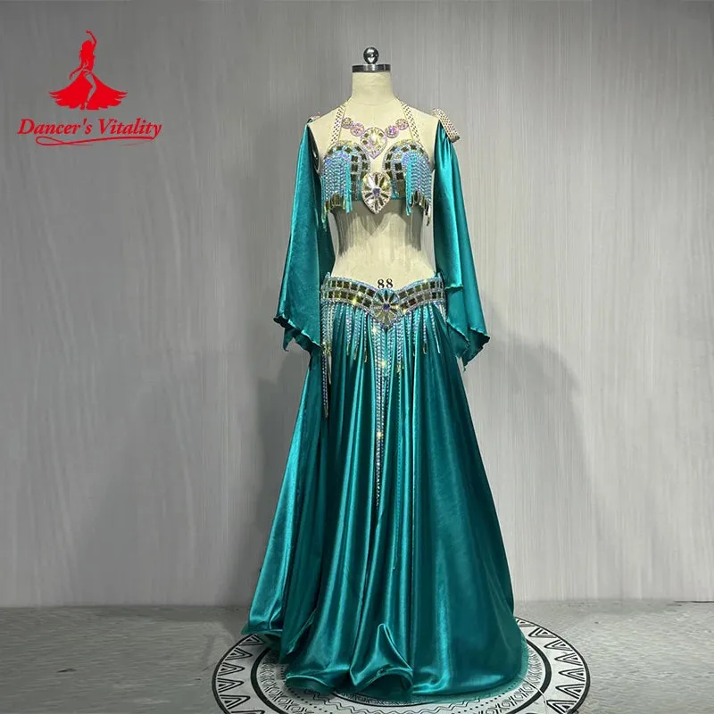 Belly Dance Costume Suit Customized Diamond Tassels Bra Satin Long Skirt Hand Sleeves 3ps Oriental Dance Performance Costumes