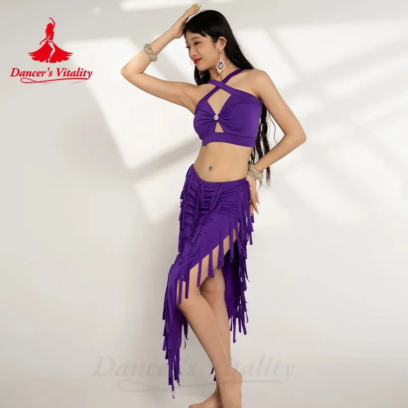 Belly Dance Costume Suit for Women Cotton Top tassel Skirt 2pcs Oriental Belly Dancing Performance Professional Costumes Set