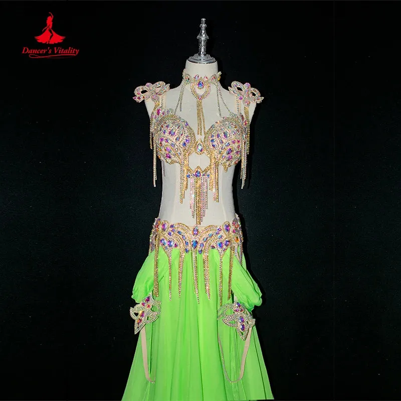 Belly Dance Costume Suit Women Customsized AB Stones Bra belt accessories chiffon Long Skirt 4pcs Female Belly Dancing Outfit