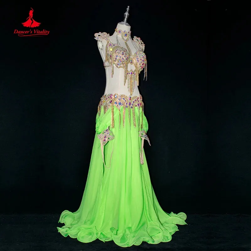 Belly Dance Costume Suit Women Customsized AB Stones Bra belt accessories chiffon Long Skirt 4pcs Female Belly Dancing Outfit