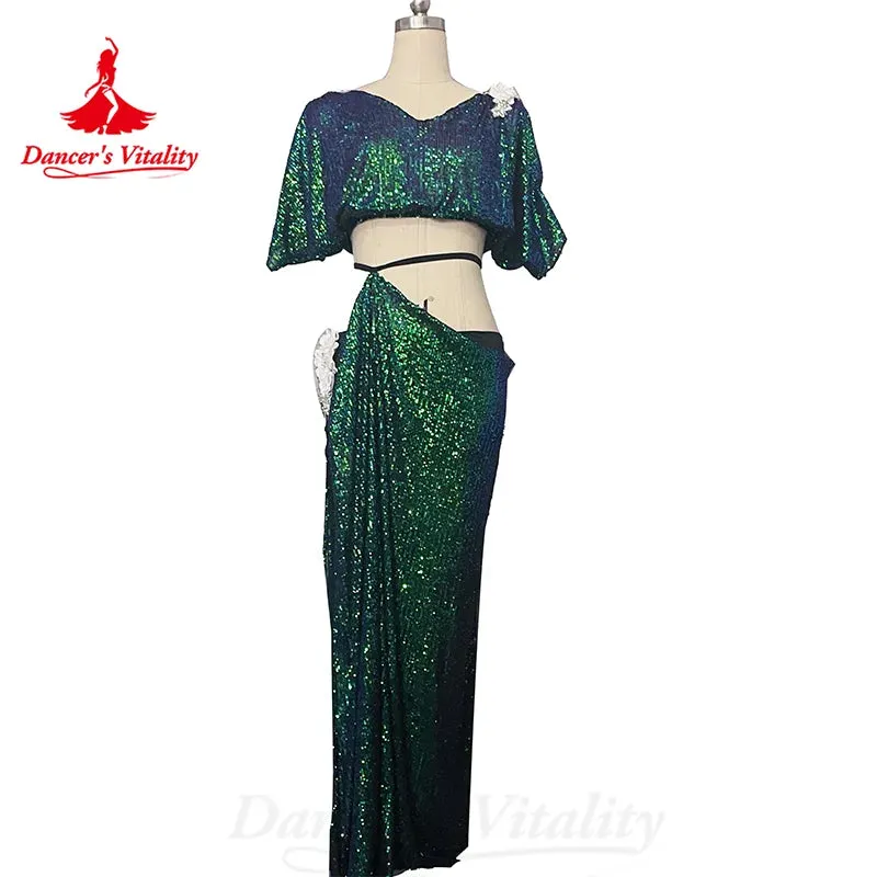 Belly Dance Costume Suit Women's Customized V Neck Short Sleeved Top Split Long Skirt 2ps Oriental Dance Performance Costumes