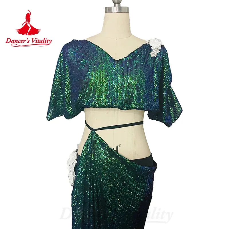 Belly Dance Costume Suit Women's Customized V Neck Short Sleeved Top Split Long Skirt 2ps Oriental Dance Performance Costumes