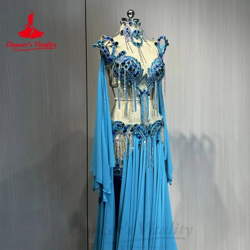 Belly Dance Costume Women's AB Stones Bra split Chiffon Long Skirt 2pcs for Women Customzied Oriental Belly Dancing Wear Suit