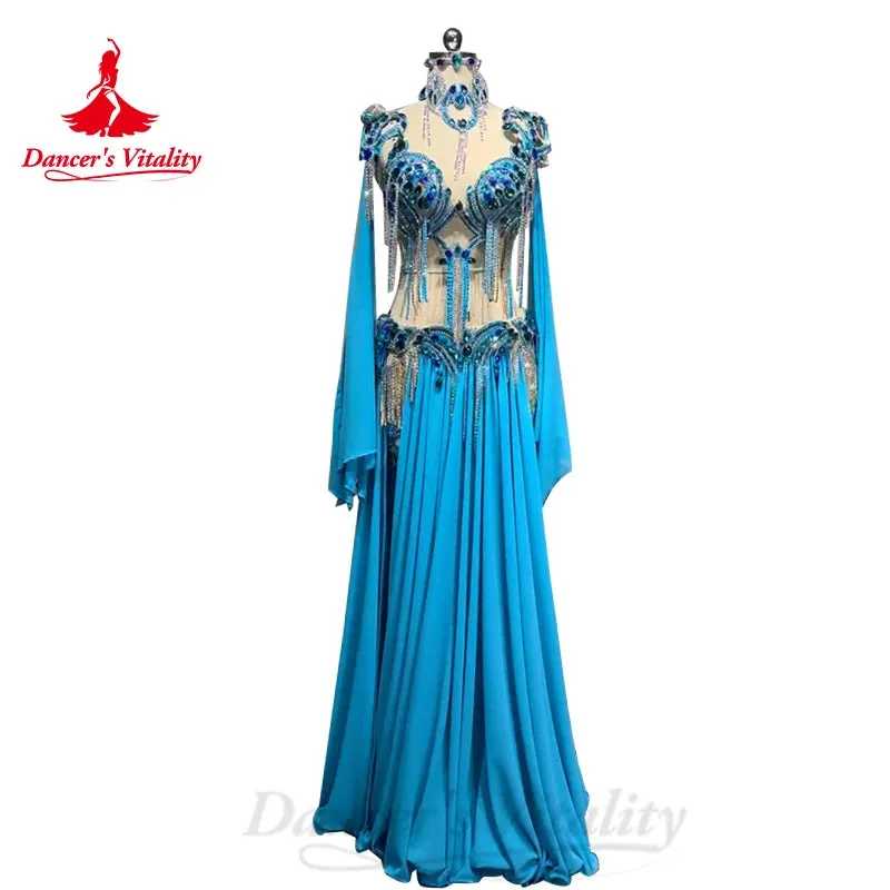 Belly Dance Costume Women's AB Stones Bra split Chiffon Long Skirt 2pcs for Women Customzied Oriental Belly Dancing Wear Suit