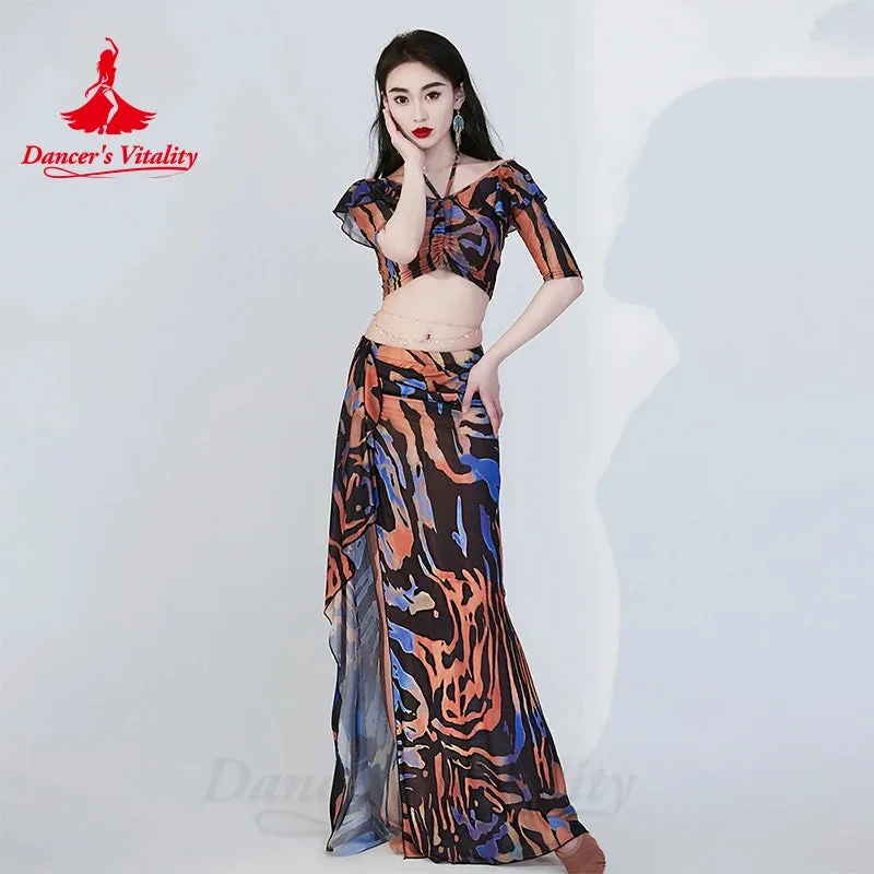 Belly Dance Costumes Set for Women Gauze Printed Top split Long Skirt 2pcs Oriental Practice Clothing Adult Bellydance Outfit