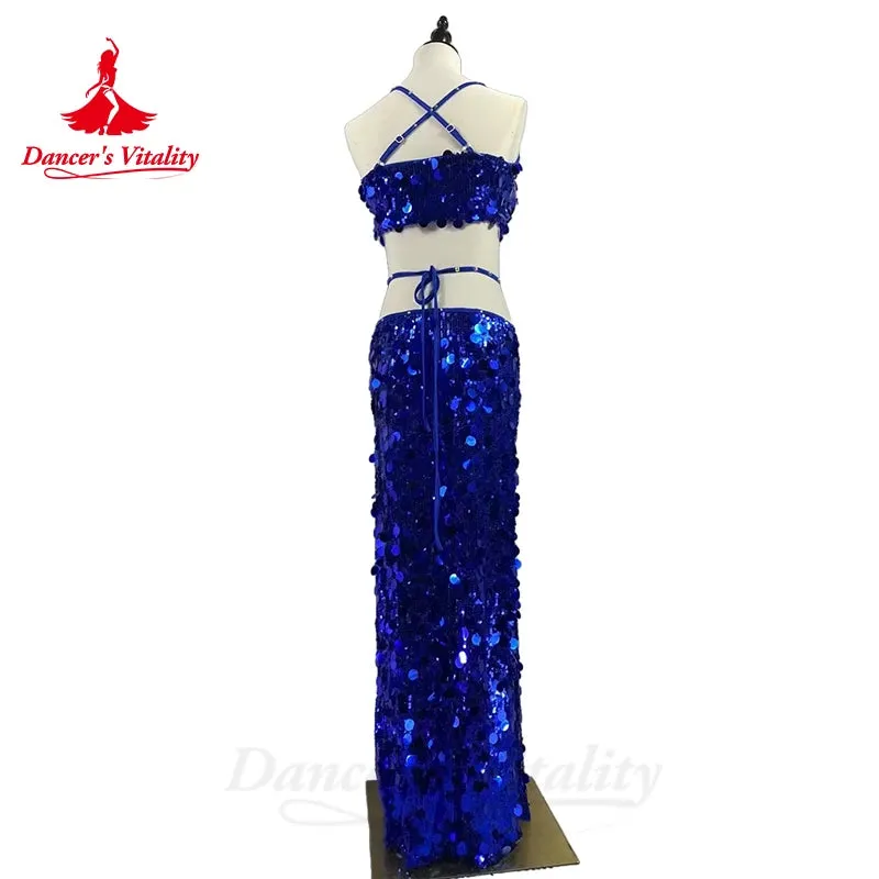 Belly Dance Costumes Set for Women Sequins Bra Top long Skirt 2pcs Oriental Competiton Suit Custom Adult Child Bellydance Wear