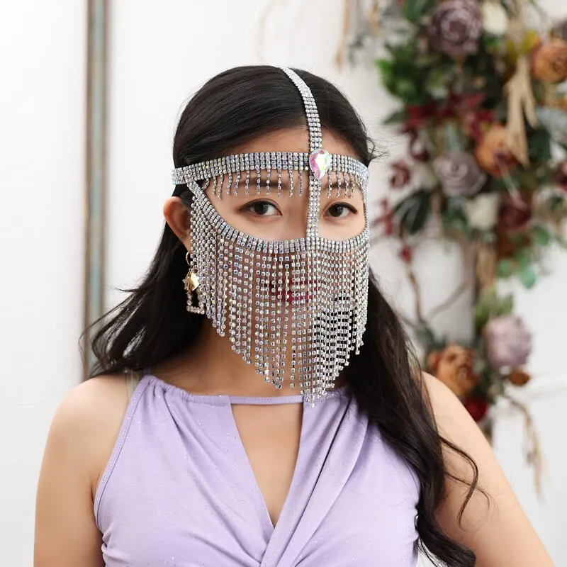 Belly Dance Face Mask Metal Diamond Chain Veil Indian Dancing Female Adult High-End Face Cover Performance Accessories