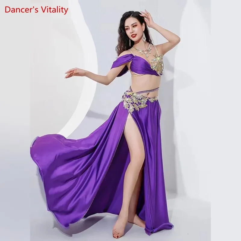 Belly Dance Performance Costume Set for Women Customized Hand Made Stones Bra split Stain Skirt 2pcs Female Oriental Dance Wear