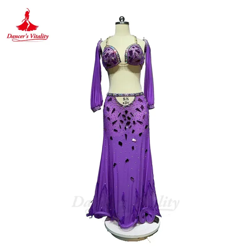 Belly Dance Performance Costume Set for Women Senior Bra 2 Sleeves long Skirt 3pcs Custom Oriental Belly Dancing Wear Outfit