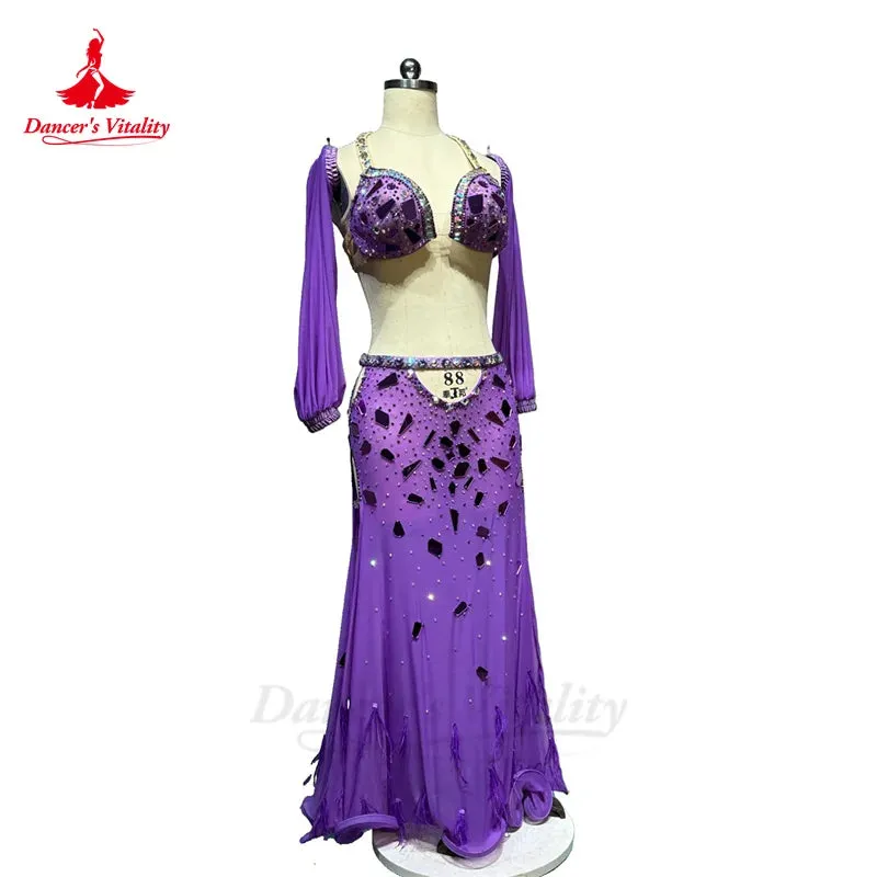 Belly Dance Performance Costume Set for Women Senior Bra 2 Sleeves long Skirt 3pcs Custom Oriental Belly Dancing Wear Outfit