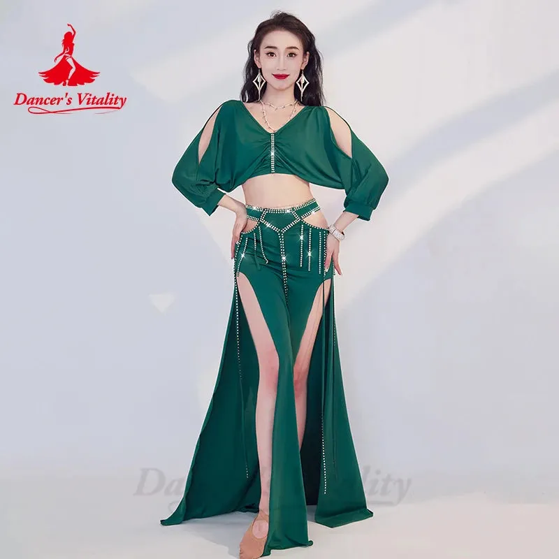 Belly Dance Performance Costume Set Women Half Sleeves Top AB Stones Long Skirt 2pcs for Girl's Oriental Belly Dancing Outfit