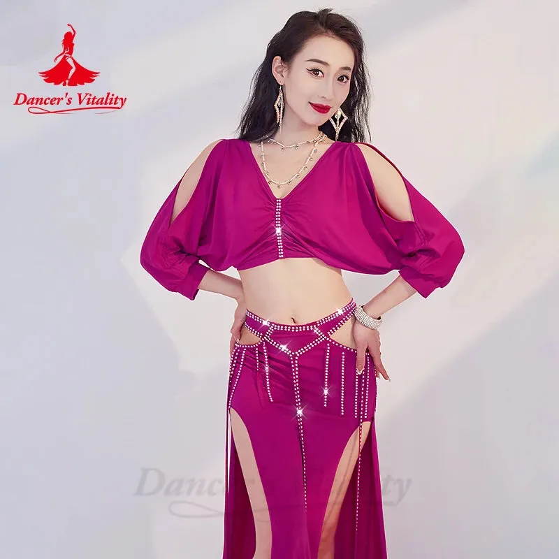 Belly Dance Performance Costume Set Women Half Sleeves Top AB Stones Long Skirt 2pcs for Girl's Oriental Belly Dancing Outfit