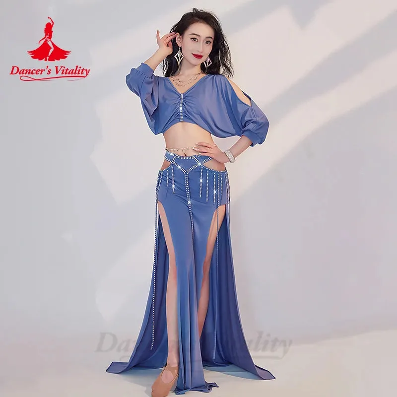 Belly Dance Performance Costume Set Women Half Sleeves Top AB Stones Long Skirt 2pcs for Girl's Oriental Belly Dancing Outfit