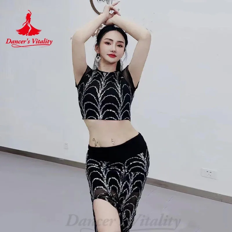 Belly Dance Performance Costume Set Women's Sequin Short Sleeved Top Gauze Sequin Long Skirt Oriental High End Dance Skirt