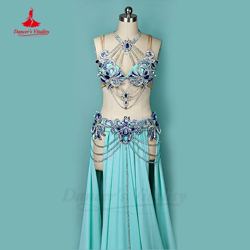 Belly Dance Performance Costume Suit Customsized for Women Child Stones Bra sleeves chiffon Skirt 3pcs Female Oriental Clothing