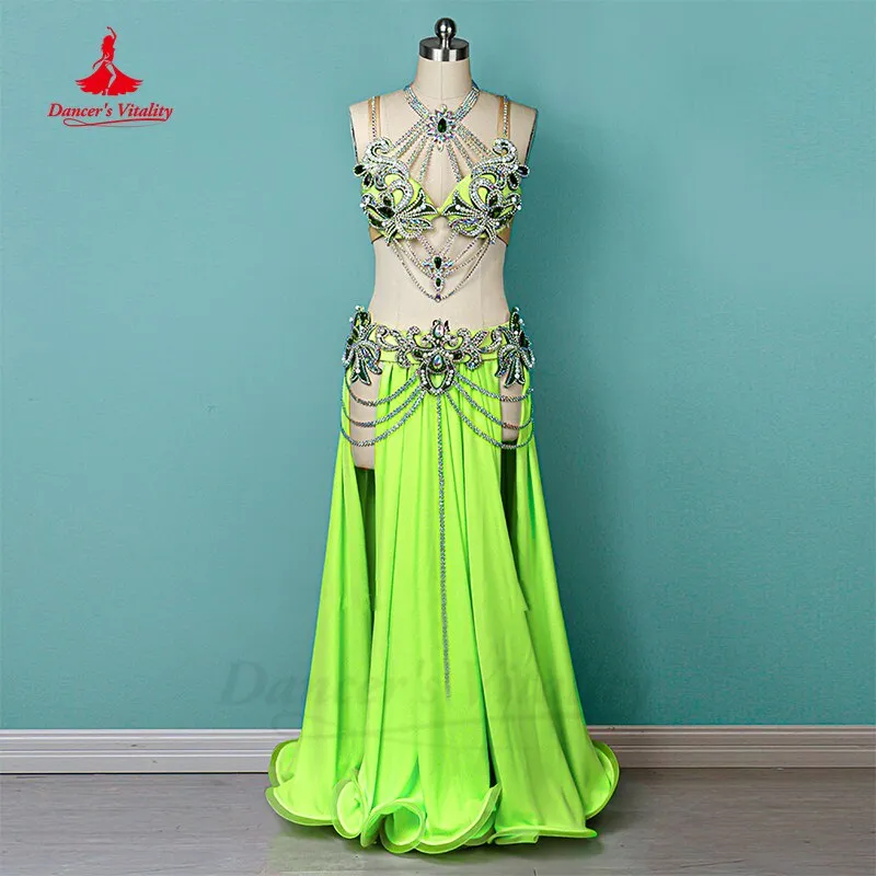 Belly Dance Performance Costume Suit Customsized for Women Child Stones Bra sleeves chiffon Skirt 3pcs Female Oriental Clothing