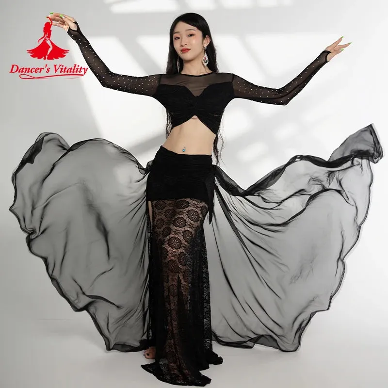 Belly Dance Performance Costume Suit Gauze Long Sleeves Top bra split Long Skirt 3pcs for Women Oriental Belly Dancing Set