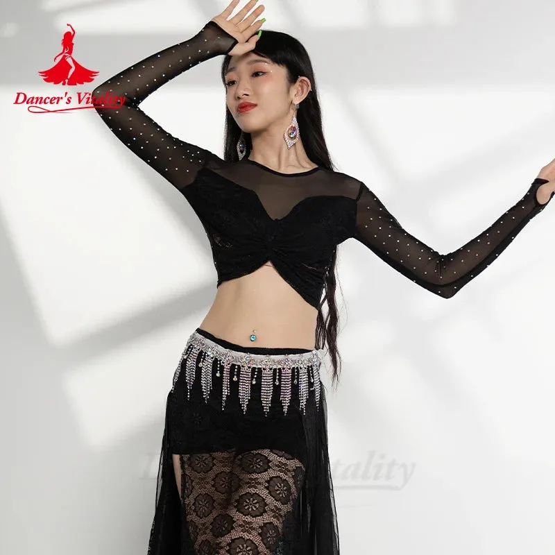 Belly Dance Performance Costume Suit Gauze Long Sleeves Top bra split Long Skirt 3pcs for Women Oriental Belly Dancing Set