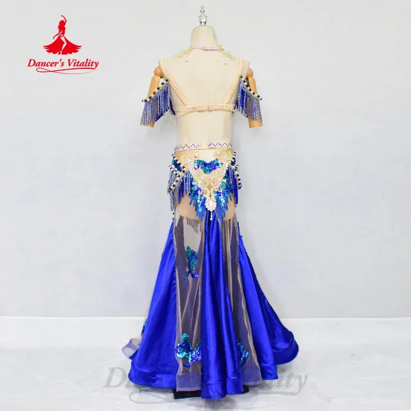 Belly Dance Performance Set Customized Pearl Diamond Bra Sexy Split Tassel Long Skirt 2pcs Oriental Dance Competition Clothing belly dancer outfit belly dance skirt belly dance costume belly dance outfit belly dancer belly dance