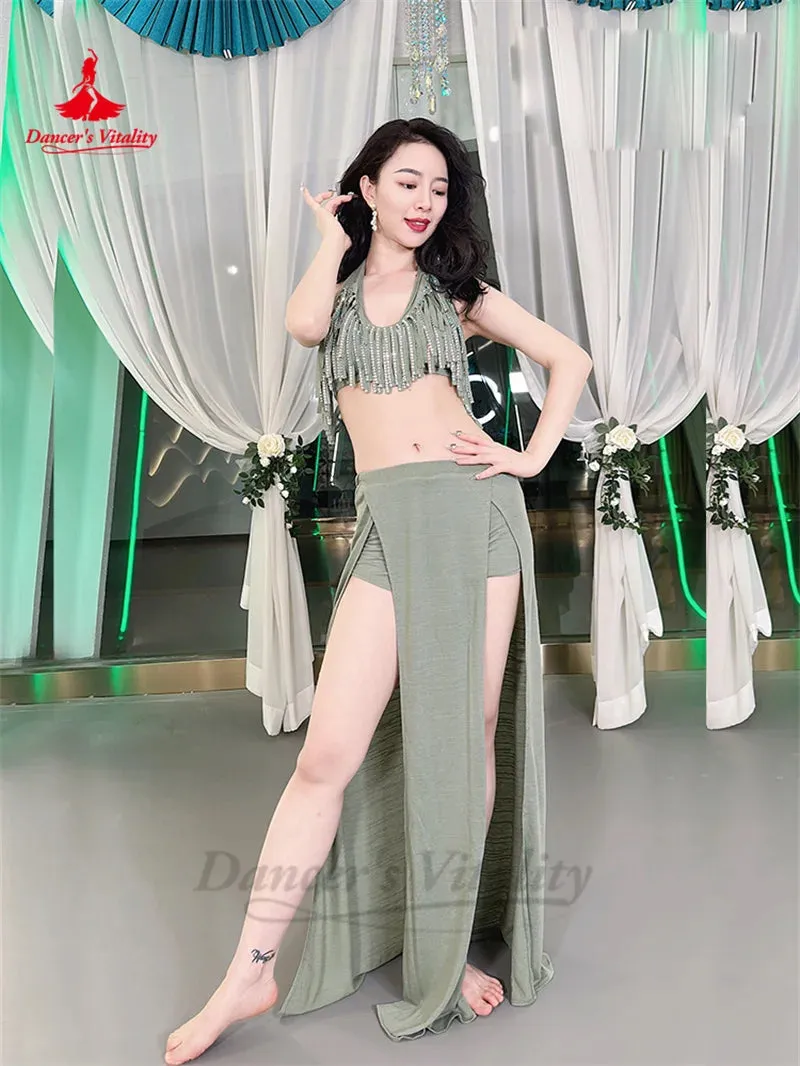 Belly Dance  Performance Set for Women Senior AB Stones Top long Skirt 2pcs Training Costume Girl Oriental Belly Dancing Outfit