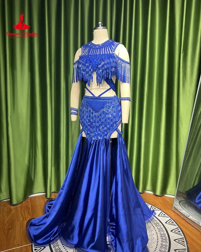 Belly Dance Performance Suit for Women Bra Top satin Long Skirt 2pcs Customsized Adult Chidlren Oriental Belly Dancing Outfit