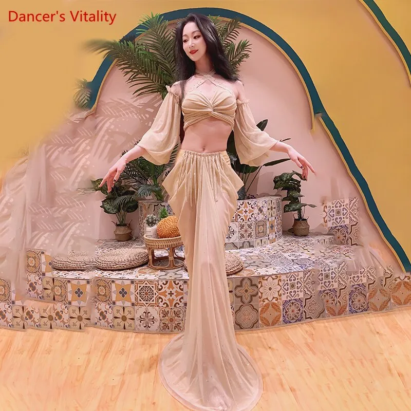 Belly Dance Practice Clothes Female Oriental Dance Top sleeves long Skirt 3pcs for Women Belly Dancing Outfit Bellydance Set