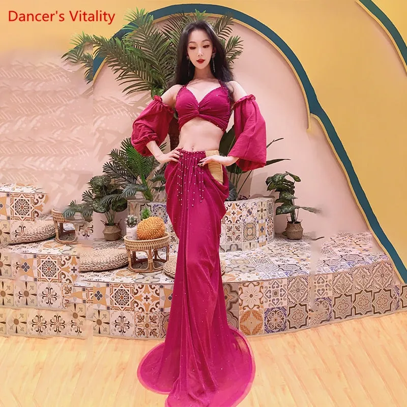 Belly Dance Practice Clothes Female Oriental Dance Top sleeves long Skirt 3pcs for Women Belly Dancing Outfit Bellydance Set