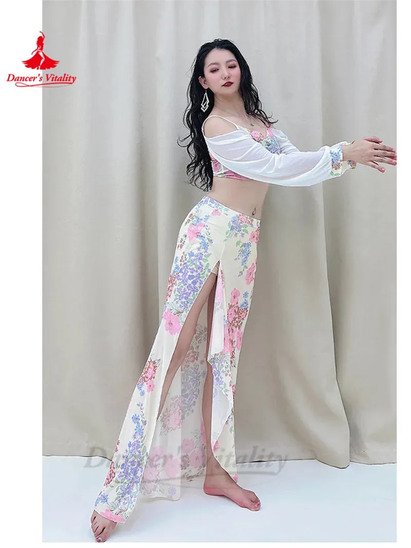 Belly Dance Practice Clothes for Women Chiffon Long Sleeves Top printing Long Skirt 2pcs Adult Oriental Belly Dancing Outfit