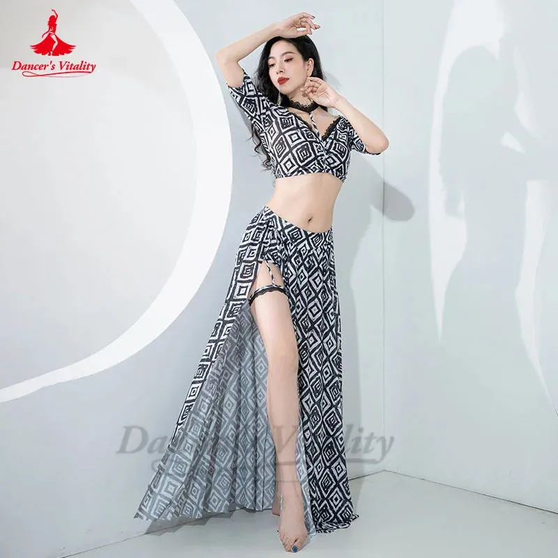 Belly Dance Practice Suit for Women 2023 New Mesh Printed Sexy Lace Lace Practice Suit Adult Oriental Belly Dancing Outfit