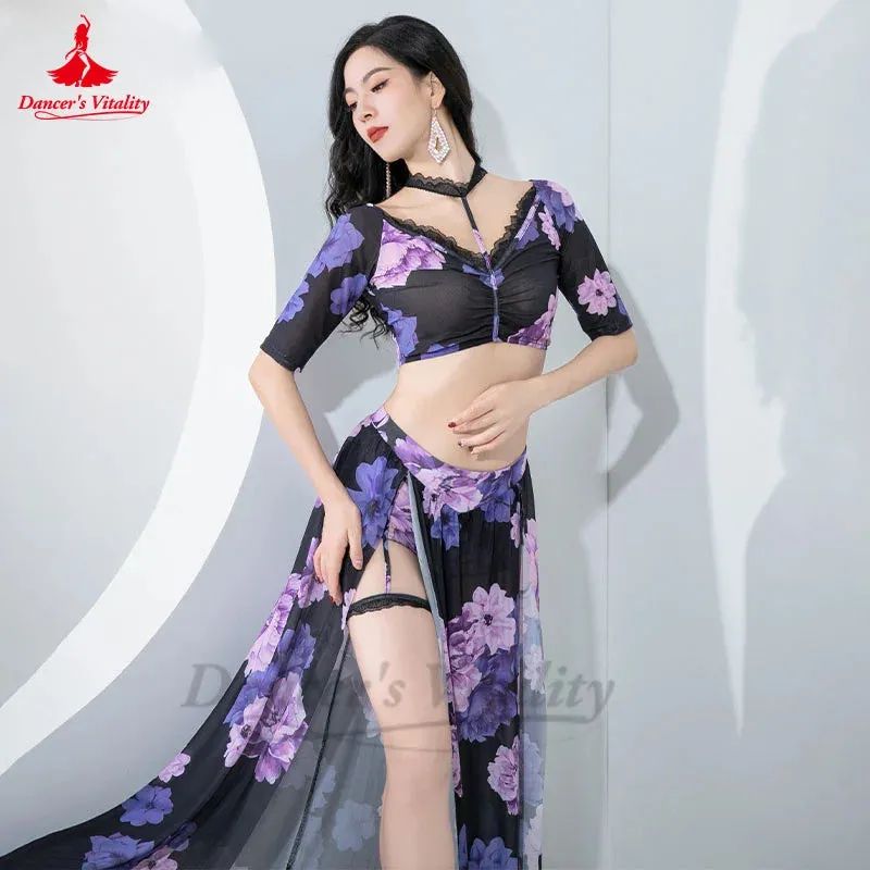 Belly Dance Practice Suit for Women 2023 New Mesh Printed Sexy Lace Lace Practice Suit Adult Oriental Belly Dancing Outfit