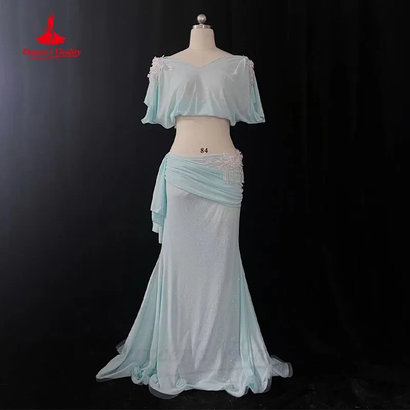 Belly Dance Professional Costume Suit Loose Half Sleeves Top Fishtail Skirt 2 Pcs for Women Oriental Belly Dancing Wear Clothing