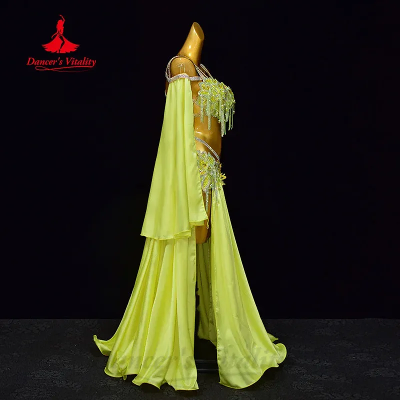 Belly Dance Suit Customized Exquisite Pearl Bra Sexy Split Split Long Skirt 2pcs Oriental Dance Professional Performance Costume