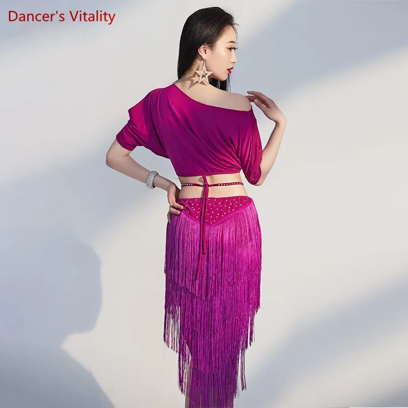 Belly Dance Training Suit Belly Dance Short Sleeves Top Tassel Skirt Women Belly Dancing Performance Suit Female Oriental Outfit