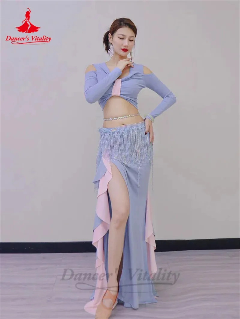 Belly Dance Training Suit Costumes for Women Winter Long Sleeves Top and Lotus Leaf Long Skirt Adult Belly Dancing Outfit