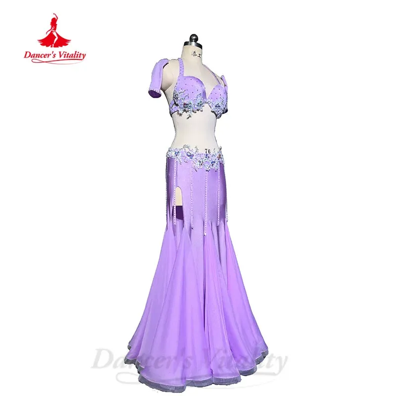 Belly Dancing Costume Set Customized Luxury Diamond Bra Sexy Split Fishtail Long Skirt 2pcs Oriental Dance Performance Costumes